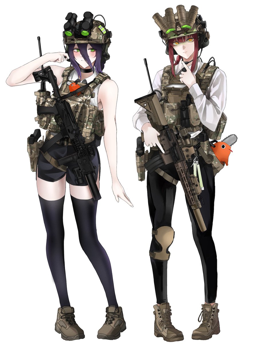 2girls assault_rifle boots chainsaw_man green_eyes gun handgun helmet highres hk416 holstered_weapon knee_pads makima_(chainsaw_man) multiple_girls necktie night_vision_device pochita_(chainsaw_man) pp-19-01 purple_hair pz-15 redhead reze_(chainsaw_man) rifle single_knee_pad sleeveless tactical_clothes thigh-highs trigger_discipline weapon white_background yellow_eyes