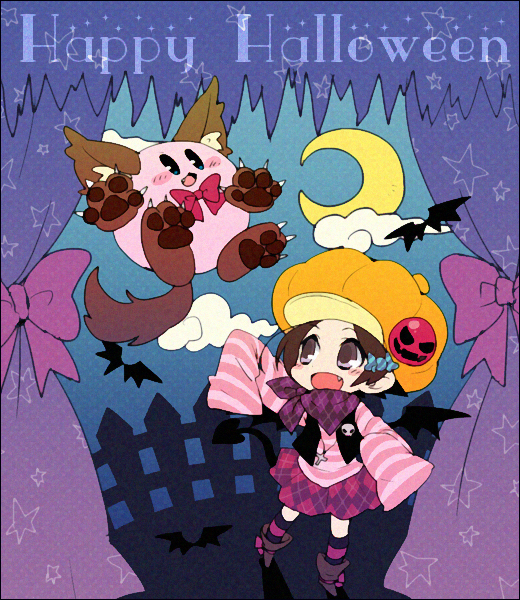 1girl 1other adeleine alternate_costume animal_costume animal_ears bat_(animal) bat_wings black_eyes black_hair halloween_costume happy_halloween hone kirby kirby_(series) long_sleeves looking_at_another moon short_hair tail wings wolf_costume wolf_ears wolf_tail