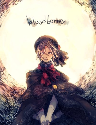 1girl black_dress bloodborne bonnet bow bowtie cloak closed_mouth commentary_request copyright_name cowboy_shot dress elbow_gloves expressionless gloves looking_at_viewer own_hands_together plain_doll red_bow red_bowtie short_hair solo tokio_(okt0w0) white_eyes white_gloves white_hair