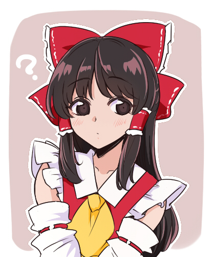 1girl ? ascot bangs black_eyes black_hair bow closed_mouth detached_sleeves hair_bow hair_tubes hakurei_reimu long_hair looking_at_viewer lowres outline red_bow shio_(futatsumami) sidelocks solo touhou upper_body white_outline yellow_ascot