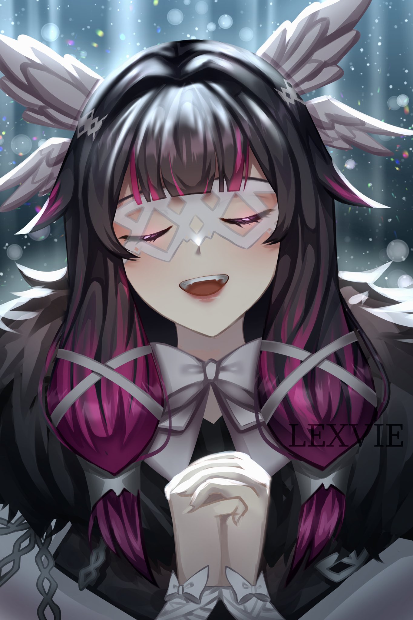 1girl :d black_hair bow coat columbina_(genshin_impact) eye_mask fur-trimmed_coat fur_collar fur_trim genshin_impact hair_wings hand_up highres lexvieee light_particles long_hair multicolored_hair no_mask open_mouth own_hands_clasped own_hands_together pink_hair smile snow streaked_hair teeth two-tone_hair upper_teeth_only violet_eyes white_coat white_mask wing_hair_ornament