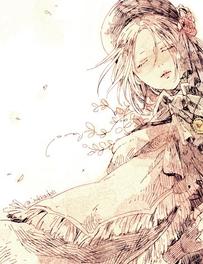 1girl bangs bloodborne bonnet cloak closed_eyes commentary_request dress flower hat hat_flower parted_lips plain_doll rose sepia short_hair simple_background solo tokio_(okt0w0) twitter_username upper_body wind