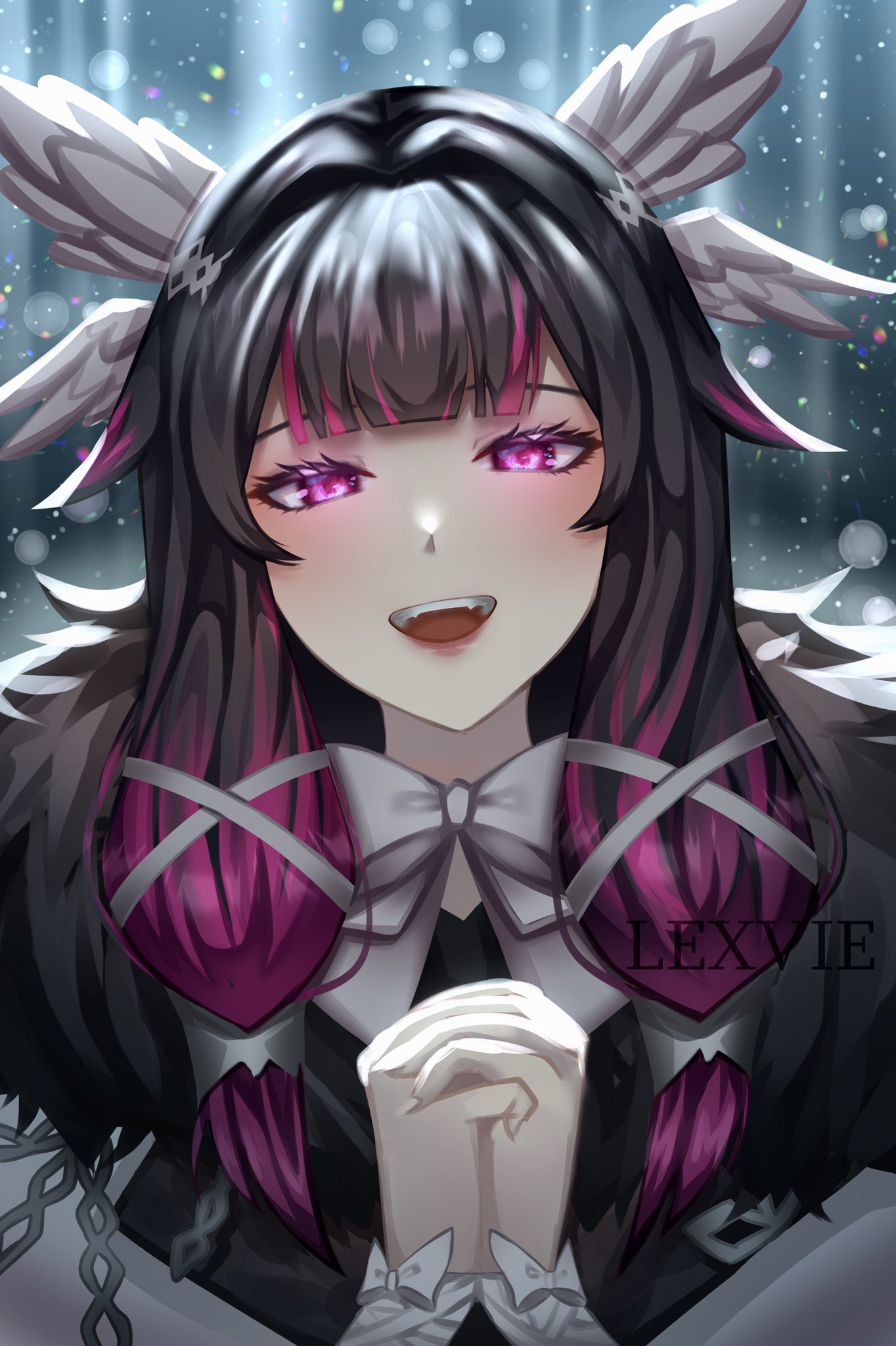 1girl :d artist_name black_hair bow coat columbina_(genshin_impact) fur-trimmed_coat fur_collar fur_trim genshin_impact hair_wings hand_up highres lexvieee light_particles long_hair looking_at_viewer multicolored_hair no_mask open_mouth own_hands_clasped own_hands_together pink_hair smile snow streaked_hair teeth two-tone_hair unusually_open_eyes upper_teeth_only violet_eyes white_coat wing_hair_ornament