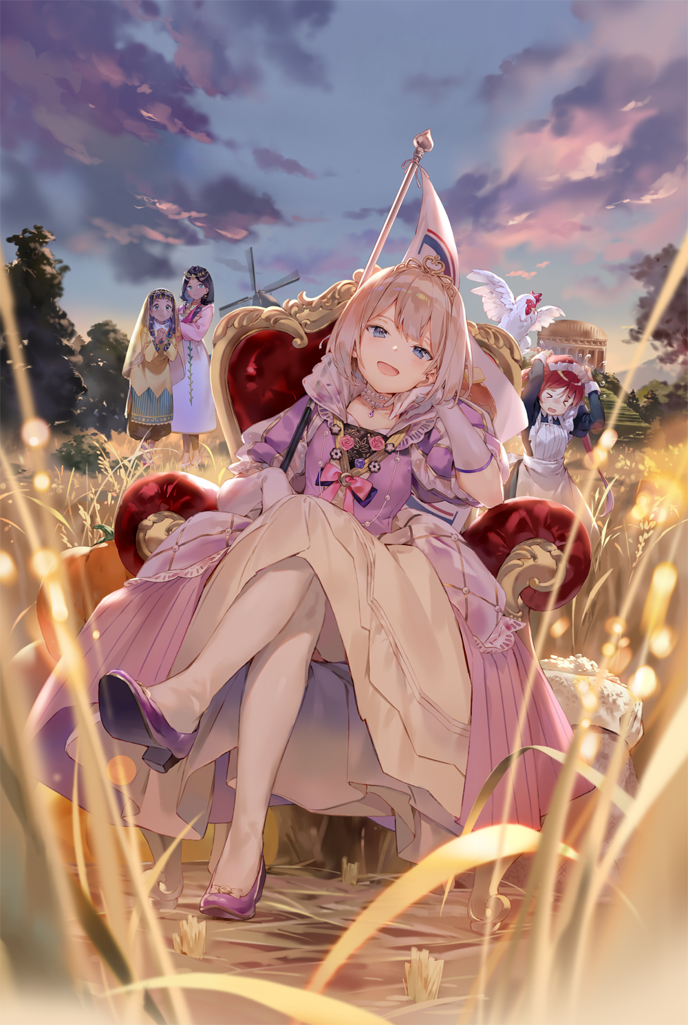 &gt;_&lt; 4girls :d anne_(tearmoon_teikoku_monogatari) apron bird black_hair blonde_hair blue_eyes bow chair chicken clouds cloudy_sky cover_image crescent crossed_legs diadem dress dress_bow flag flower footwear_bow gilse gloves hand_on_own_cheek hand_on_own_face head_rest head_tilt highres jewelry looking_at_viewer maid maid_apron maid_headdress mia_luna_tearmoon multiple_girls necklace official_art pantyhose pearl_necklace pink_bow pink_dress pink_flower pink_rose princess puffy_short_sleeves puffy_sleeves redhead rooster rose sack short_sleeves sitting sky smile tearmoon_teikoku_monogatari throne traditional_clothes veil violet_rose wheat_field white_gloves white_pantyhose windmill