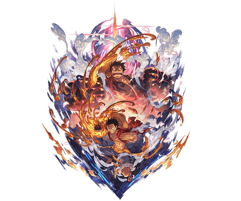 1boy black_hair fire granblue_fantasy monkey_d._luffy official_art one_piece open_mouth punching sandals shorts straw_hat_pirates tachi-e transparent_background