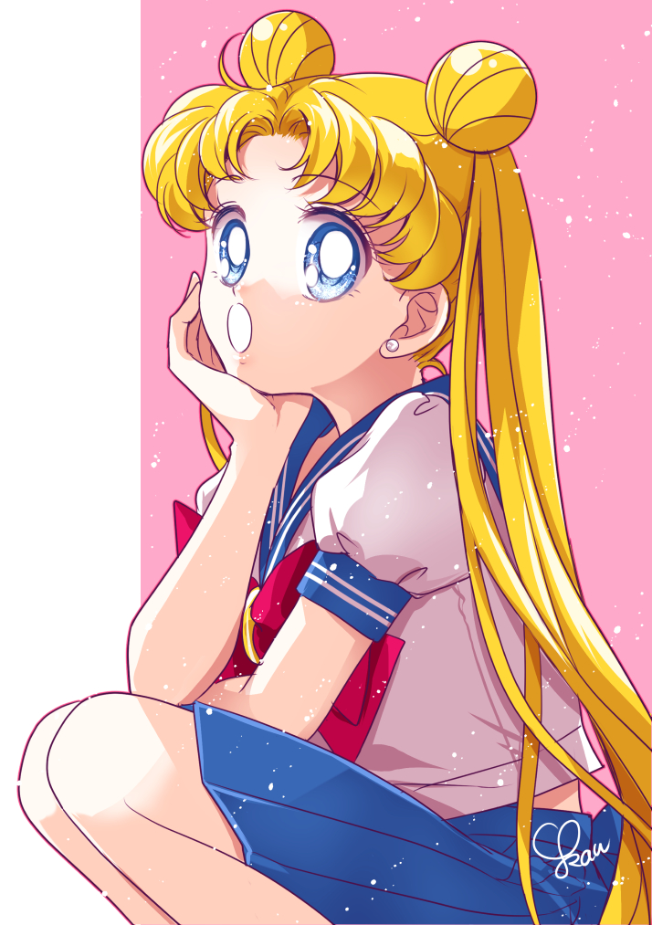 :o bangs bishoujo_senshi_sailor_moon blue_eyes blue_sailor_collar blue_skirt bow bowtie earrings jewelry juuban_middle_school_uniform long_hair long_sleeves medium_skirt open_mouth parted_bangs pearl_earrings pleated_skirt red_bow red_bowtie sailor_collar sarashina_kau school_uniform serafuku shirt skirt smile socks squatting stud_earrings tsukino_usagi very_long_hair white_shirt white_socks