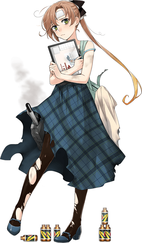 1girl akigumo_(kancolle) akigumo_kai_ni_(kancolle) alternate_costume bag bags_under_eyes black_pantyhose blue_camisole blue_skirt book bottle brown_hair camisole cooling_pad energy_drink fujikawa full_body green_eyes hair_ribbon kantai_collection long_skirt looking_at_viewer official_art pantyhose plaid plaid_skirt ribbon shaded_face side_ponytail skirt solo stylus sweat sweatdrop tablet_pc torn_clothes torn_pantyhose torpedo_launcher transparent_background white_background