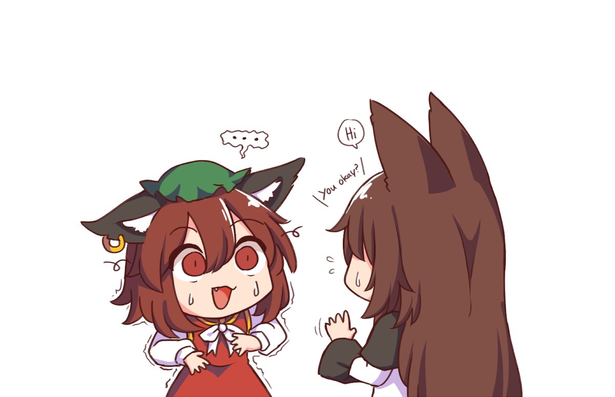 ... 2girls animal_ears artist_self-insert brown_eyes brown_hair cat_ears chen earrings english_text fang green_headwear hat imaizumi_kagerou jewelry long_hair long_sleeves looking_at_another mob_cap multiple_girls open_mouth scared shaded_face short_hair simple_background single_earring smile speech_bubble spoken_ellipsis sweat touhou trembling white_background wool_(miwol)