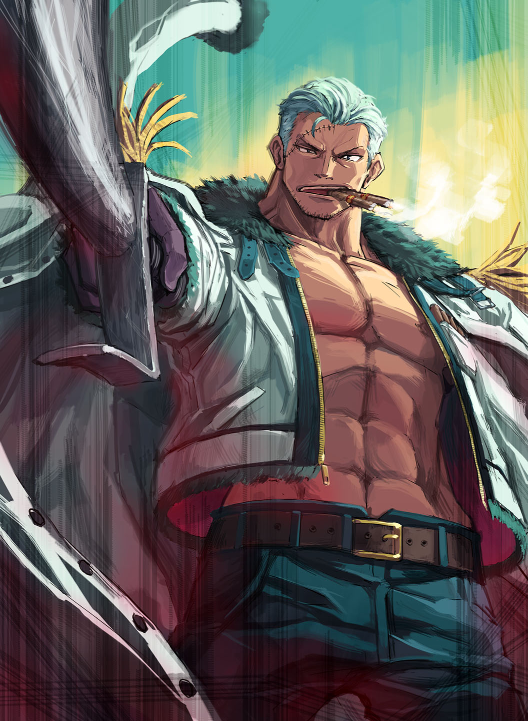 1boy abs cigar cowboy_shot denim facial_hair foreshortening highres holding holding_weapon jacket jeans large_pectorals leather_belt looking_at_viewer male_focus mature_male michairu muscular muscular_male navel nipples one_piece open_clothes open_jacket pants pectoral_cleavage pectorals short_hair sideburns smoker_(one_piece) smoking solo stomach stubble weapon white_hair