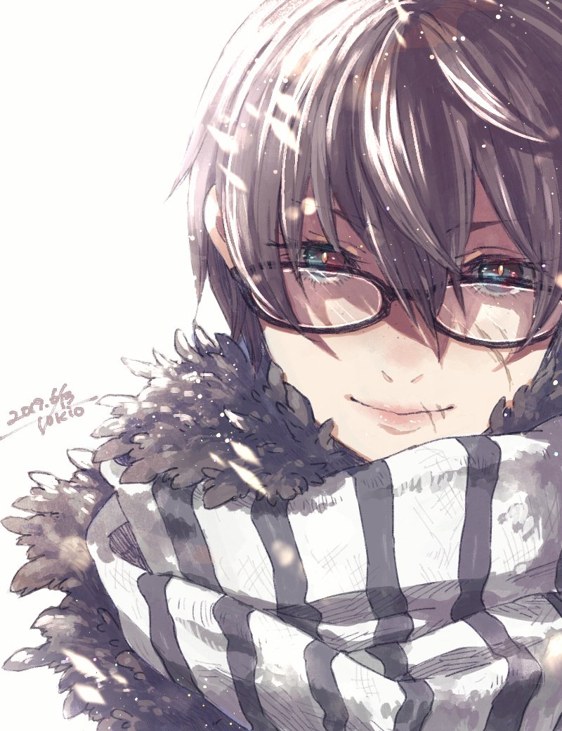 1boy bangs black-framed_eyewear black_scarf blue_eyes brown_hair closed_mouth commentary_request dated dovahkiin fur_collar glasses hair_between_eyes looking_at_viewer male_focus portrait scarf short_hair signature simple_background smile solo striped striped_scarf the_elder_scrolls the_elder_scrolls_v:_skyrim tokio_(okt0w0) white_background white_scarf