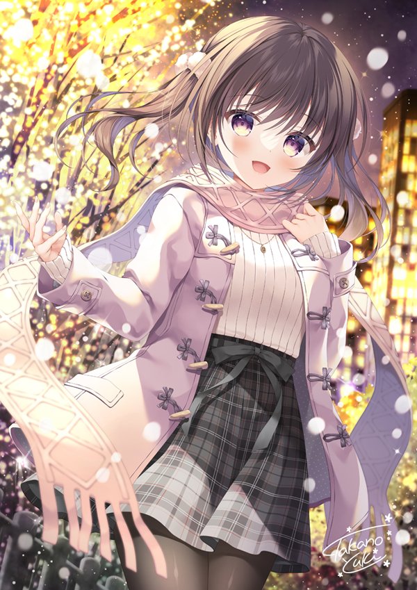 1girl black_pantyhose blurry blurry_background breasts brown_eyes brown_hair building coat comiket_101 commentary_request depth_of_field fringe_trim grey_skirt long_hair long_sleeves looking_at_viewer night night_sky open_clothes open_coat original outdoors pantyhose pink_coat pink_scarf plaid plaid_skirt ribbed_sweater scarf signature skirt sky sleeves_past_wrists small_breasts solo star_(sky) starry_sky sweater takano_yuki_(allegro_mistic) tree twintails white_sweater