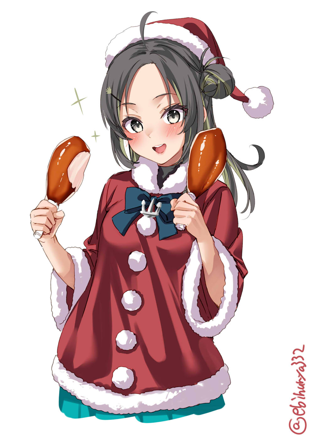 1girl ahoge bangs blush cropped_legs dress ebifurya food forehead fur-trimmed_headwear fur-trimmed_sleeves fur_trim hair_bun hair_ornament hairclip hands_up hat highres holding holding_food kantai_collection long_hair looking_at_viewer makinami_(kancolle) meat multicolored_hair one-hour_drawing_challenge open_mouth red_dress red_headwear santa_hat simple_background smile solo streaked_hair teeth twitter_username upper_teeth_only white_background