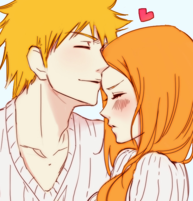 1girl 22nae2 bleach blush closed_eyes collarbone couple heart hetero inoue_orihime kurosaki_ichigo long_hair nuzzle orange_hair parted_lips ribbed_sweater short_hair spiky_hair sweater upper_body white_sweater