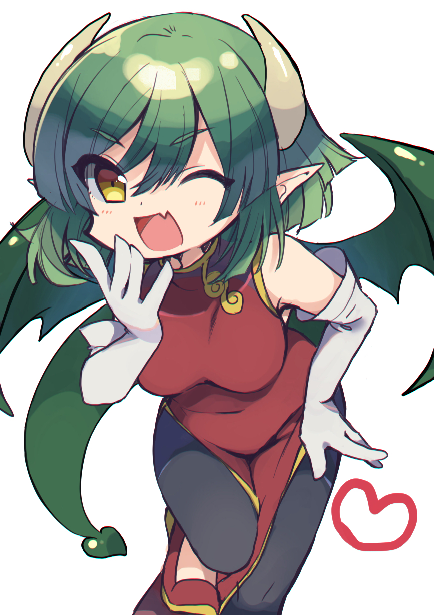 1girl draco_centauros dragon_girl dragon_horns dragon_tail gloves green_eyes heart highres horns looking_at_viewer one_eye_closed pointy_ears puyopuyo red_footwear short_hair solo tail white_gloves wings yomoi