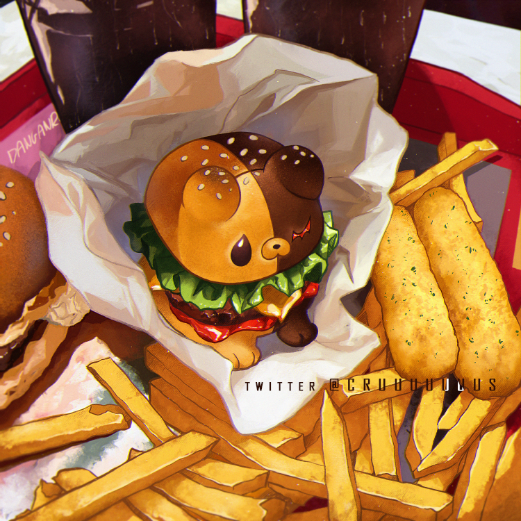 artist_name bread_bun burger copyright_name criis-chan danganronpa:_trigger_happy_havoc danganronpa_(series) drink food food_focus foodification french_fries monokuma no_humans twitter_username