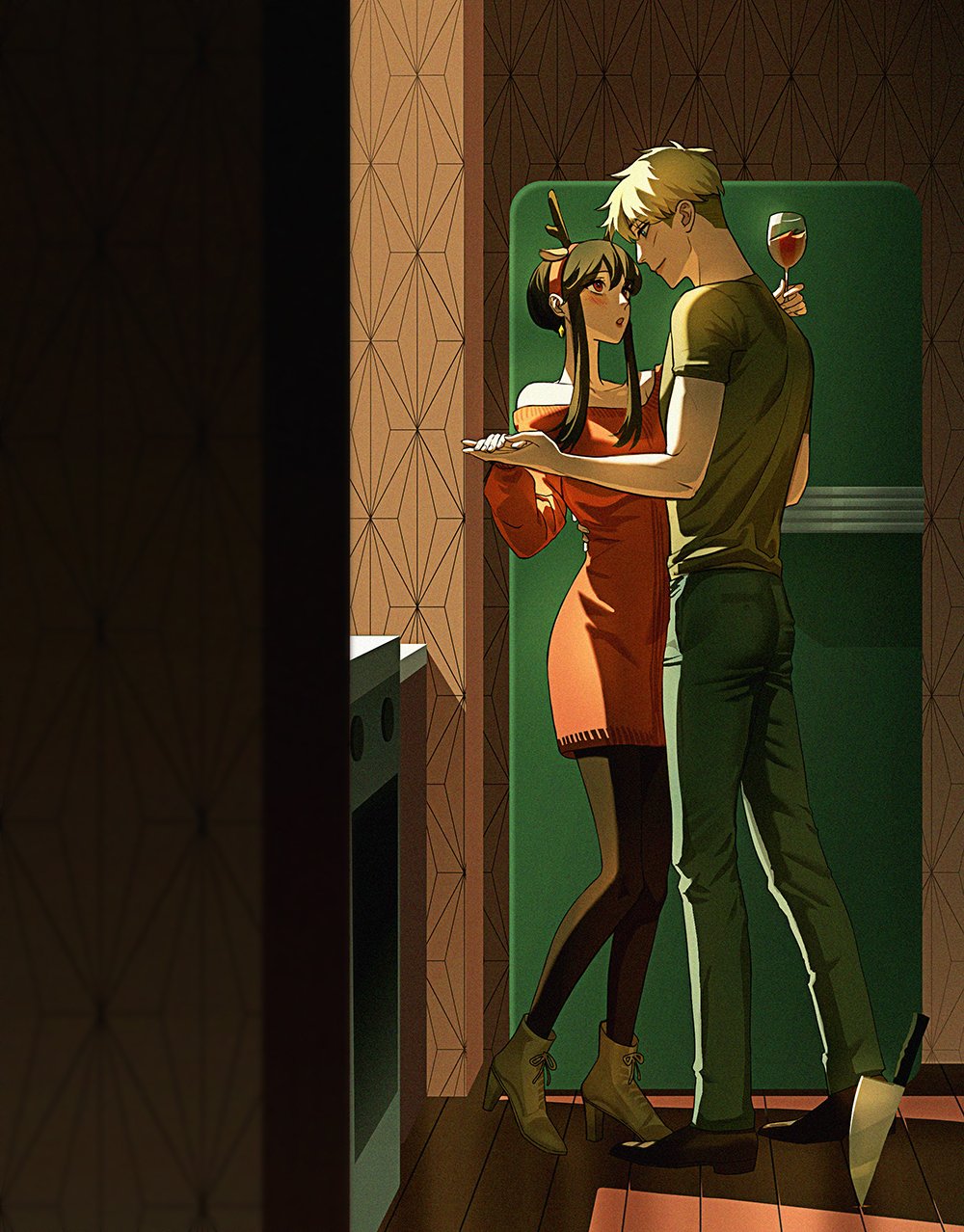 1boy 1girl alcohol antlers bangs bare_shoulders black_hair black_pantyhose blonde_hair blush christmas commentary_request couple cup deer_(deer423-81) drinking_glass earrings full_body gold_earrings hairband height_difference highres holding holding_cup husband_and_wife indoors jewelry kitchen_knife long_hair looking_at_another off-shoulder_sweater off_shoulder open_mouth pants pantyhose red_sweater refrigerator reindeer_antlers shirt sidelocks spy_x_family sweater twilight_(spy_x_family) wine_glass yor_briar