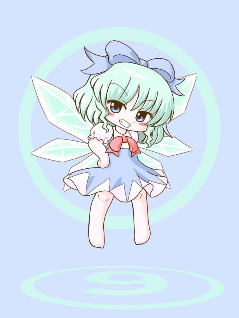 1girl blue_background blue_eyes blue_hair blue_ribbon chibi cirno fairy full_body ice ice_wings looking_at_viewer ribbon short_hair smile solo_focus touhou wings yayaechigo88