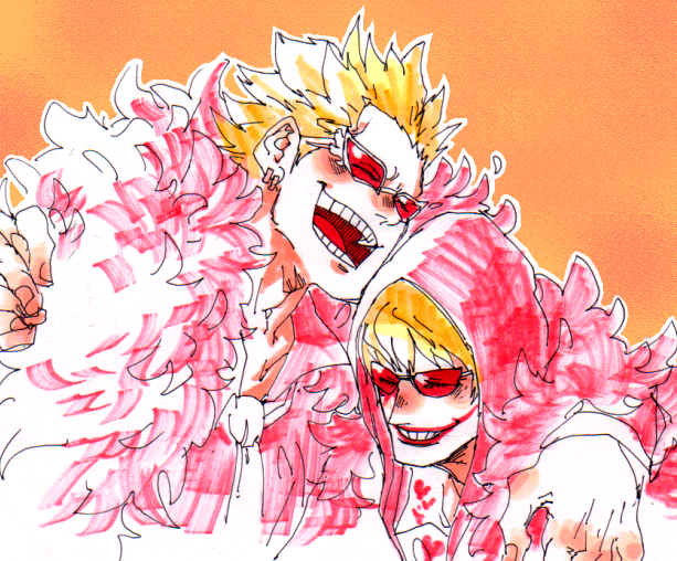2boys blonde_hair brothers cape closed_eyes coat donquixote_doflamingo donquixote_rocinante earrings feather_coat hand_on_another's_shoulder heart heart_print jewelry laughing long_sleeves makeup mawari28 multiple_boys necktie one_piece open_mouth orange_background pink_coat short_hair siblings sunglasses white_necktie