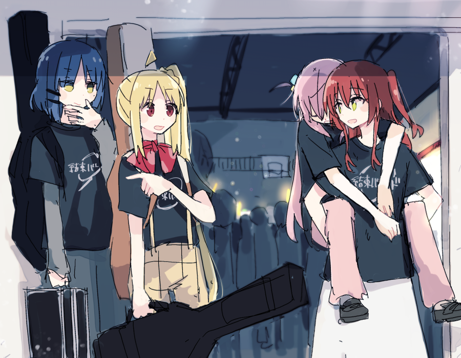 4girls blonde_hair blue_hair bocchi_the_rock! briefcase carrying carrying_person cube_hair_ornament giggling gotou_hitori guitar_case hair_ornament holding holding_briefcase ijichi_nijika instrument_case kita_ikuyo long_hair multiple_girls necktie one_side_up pants pink_hair pleated_skirt pointing pointing_at_another red_eyes redhead shiroshi_(denpa_eshidan) shirt short_hair side_ponytail skirt suspenders t-shirt unconscious yamada_ryou yellow_eyes