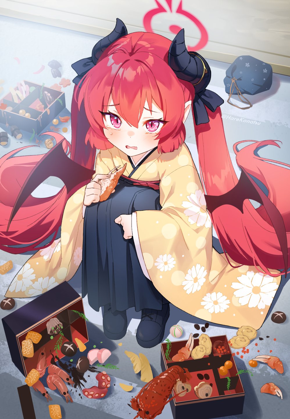 1girl bangs bento black_bow black_footwear black_skirt blue_archive blush bow crab_claw crying crying_with_eyes_open demon_wings floral_print food food_request hair_between_eyes hair_bow halo highres holding holding_food horns hugging_own_legs japanese_clothes junko_(blue_archive) junko_(new_year)_(blue_archive) kimono kinchaku knees_to_chest konatsu_hare lobster long_hair long_skirt looking_at_viewer low_wings mushroom on_ground open_mouth pink_eyes pointy_ears pouch redhead roe shrimp sidelocks skirt solo spill squid tears tentacles twintails twitter_username very_long_hair wings yellow_kimono