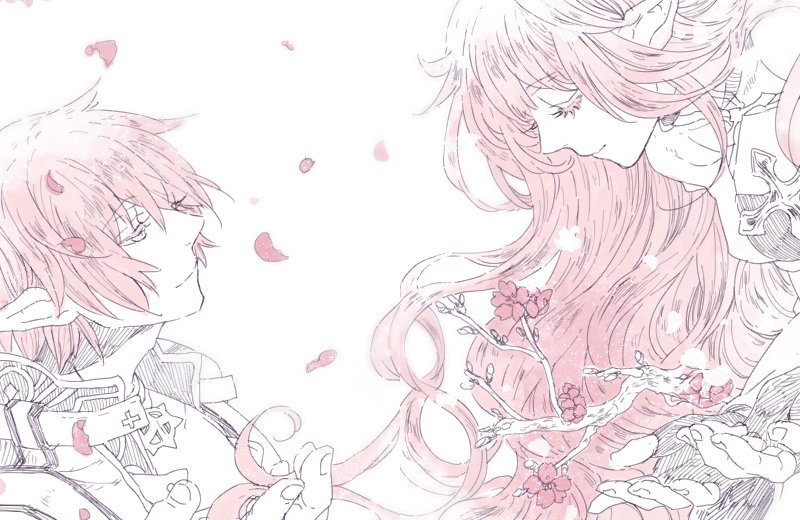 1boy 1girl arch_bishop_(ragnarok_online) bangs branch closed_eyes closed_mouth commentary_request cross dress falling_petals fingerless_gloves gloves long_hair monochrome petals pink_eyes pink_hair pink_theme pointy_ears ragnarok_online short_hair simple_background smile tokio_(okt0w0) upper_body wavy_hair