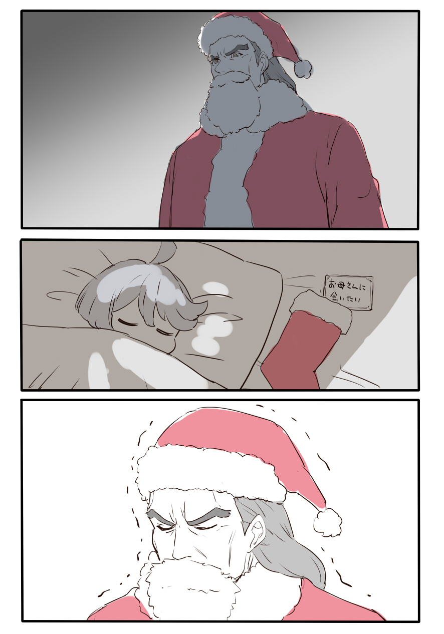 1boy 1girl ahoge beard christmas christmas_stocking closed_eyes commentary delling_rembran facial_hair fake_beard fake_facial_hair fake_mustache father_and_daughter fur-trimmed_jacket fur_trim grey_eyes grey_hair gundam gundam_suisei_no_majo hat highres jacket kurokawa_makoto miorine_rembran on_bed pillow red_headwear red_jacket santa_costume santa_hat sleeping translated trembling under_covers