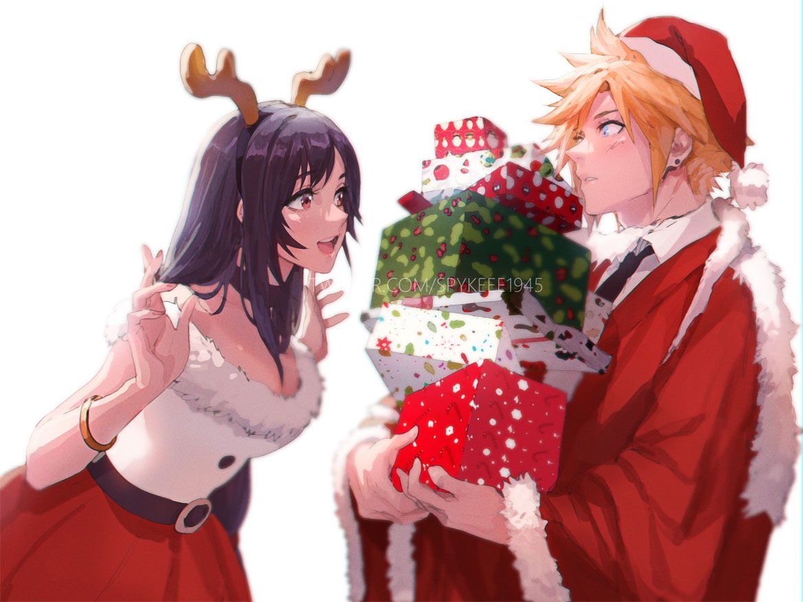 1boy 1girl antlers bangs belt belt_buckle black_hair black_necktie blonde_hair blue_eyes blush bracelet breasts buckle choker christmas christmas_present cloud_strife collared_shirt earrings english_commentary final_fantasy final_fantasy_vii final_fantasy_vii_remake fur-trimmed_headwear gift hands_up hat holding holding_gift jewelry long_hair looking_at_another necktie off_shoulder open_mouth parted_lips red_eyes red_skirt reindeer_antlers santa_costume santa_hat shirt simple_background single_earring skirt spiky_hair spykeee swept_bangs teeth tifa_lockhart upper_body upper_teeth_only white_background white_shirt