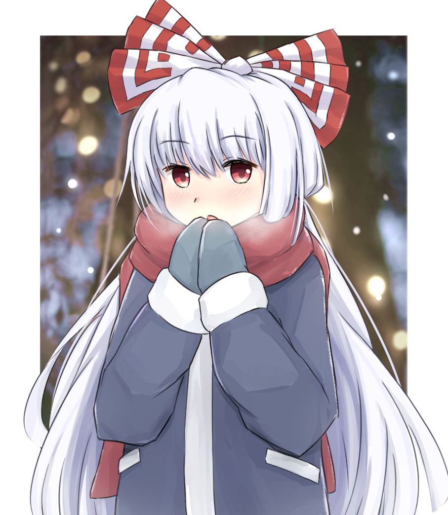 1girl border bow breath fujiwara_no_mokou grey_jacket grey_mittens hair_bow hair_ornament hiwano jacket long_hair open_mouth red_bow red_eyes red_scarf scarf snowing solo touhou very_long_hair white_border white_hair winter_clothes