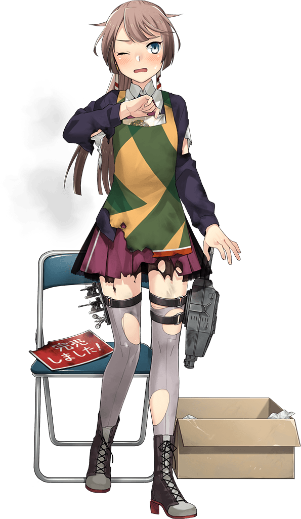 1girl apron black_sweater blue_eyes blue_necktie blush boots box brown_footwear brown_hair burnt_clothes cardboard_box chair cross-laced_footwear dress folding_chair fujikawa full_body grey_thighhighs kantai_collection kazagumo_(kancolle) kazagumo_kai_ni_(kancolle) lace-up_boots long_hair long_sleeves necktie official_art open_mouth ponytail purple_dress solo standing sweater thigh-highs torn_clothes torn_thighhighs torpedo_launcher transparent_background