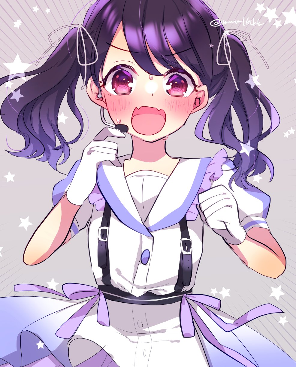 1girl black_hair blush commentary_request fangs fukumaru_koito gloves hair_ribbon highres idolmaster idolmaster_shiny_colors kawahara_chisato looking_at_viewer medium_hair microphone puffy_short_sleeves puffy_sleeves ribbon sailor_collar short_sleeves skin_fangs solo suspenders sweat twintails upper_body violet_eyes white_gloves