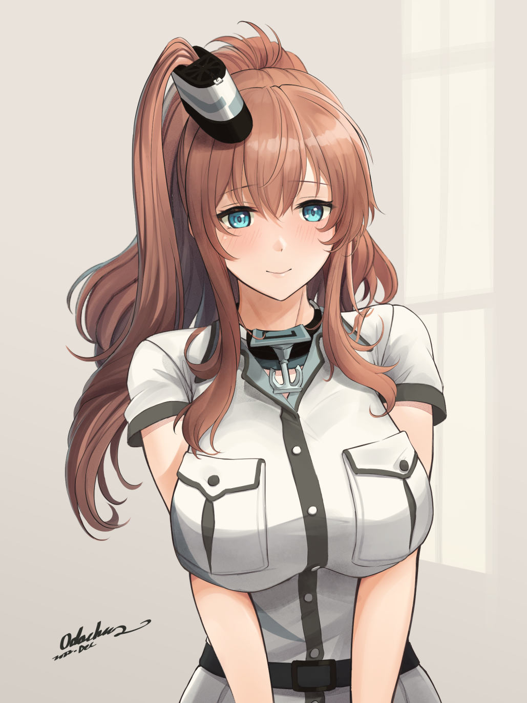 1girl anchor blue_eyes breast_pocket breasts brown_hair dress hair_between_eyes highres kantai_collection large_breasts long_hair odachu pocket ponytail saratoga_(kancolle) saratoga_mk_ii_(kancolle) short_sleeves side_ponytail sidelocks smile smokestack_hair_ornament solo upper_body white_dress