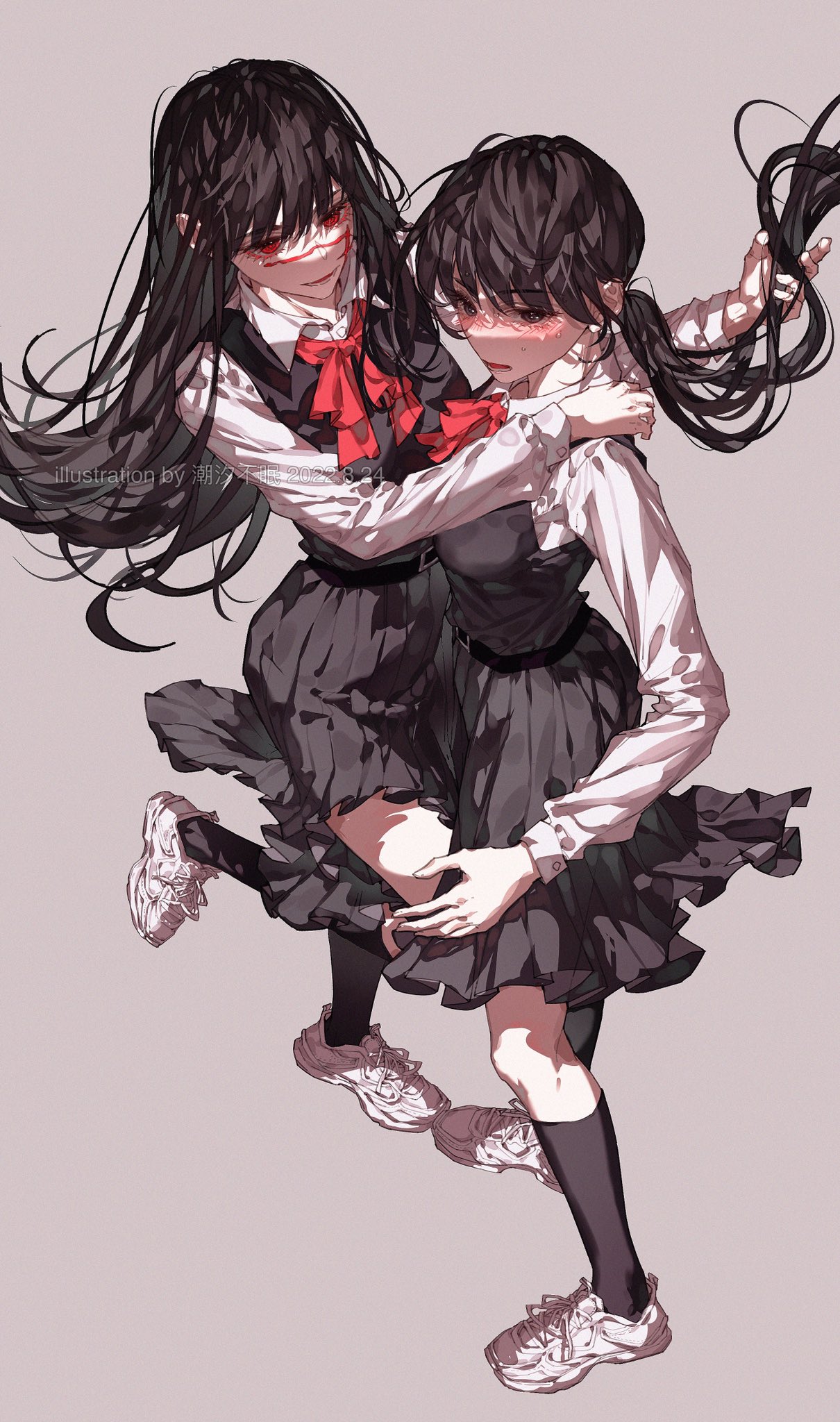 2girls bangs black_hair black_socks chainsaw_man chaoxibumian collared_shirt dress fourth_east_high_school_uniform grey_background hand_on_another's_shoulder highres holding_another's_hair long_hair looking_to_the_side messy_hair mitaka_asa multiple_girls pinafore_dress red_eyes red_ribbon ribbon scar scar_on_cheek scar_on_face school_uniform shirt simple_background smile socks twintails white_footwear white_shirt yoru_(chainsaw_man)