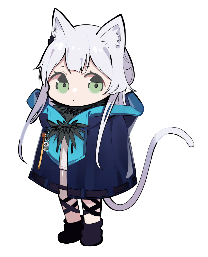 1girl animal_ear_fluff animal_ears arknights bangs cat_ears cat_girl cat_tail commentary_request dress expressionless full_body green_eyes grey_hair hood hood_down jacket long_hair long_sleeves looking_at_viewer rosmontis_(arknights) simple_background solo standing tail tetuw white_background