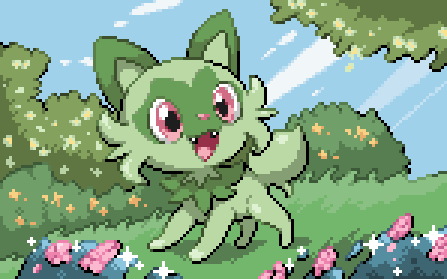 animal blue_sky bush cat grass kattenkg lowres no_humans on_grass open_mouth pink_eyes pixel_art pokemon sky sprigatito tree