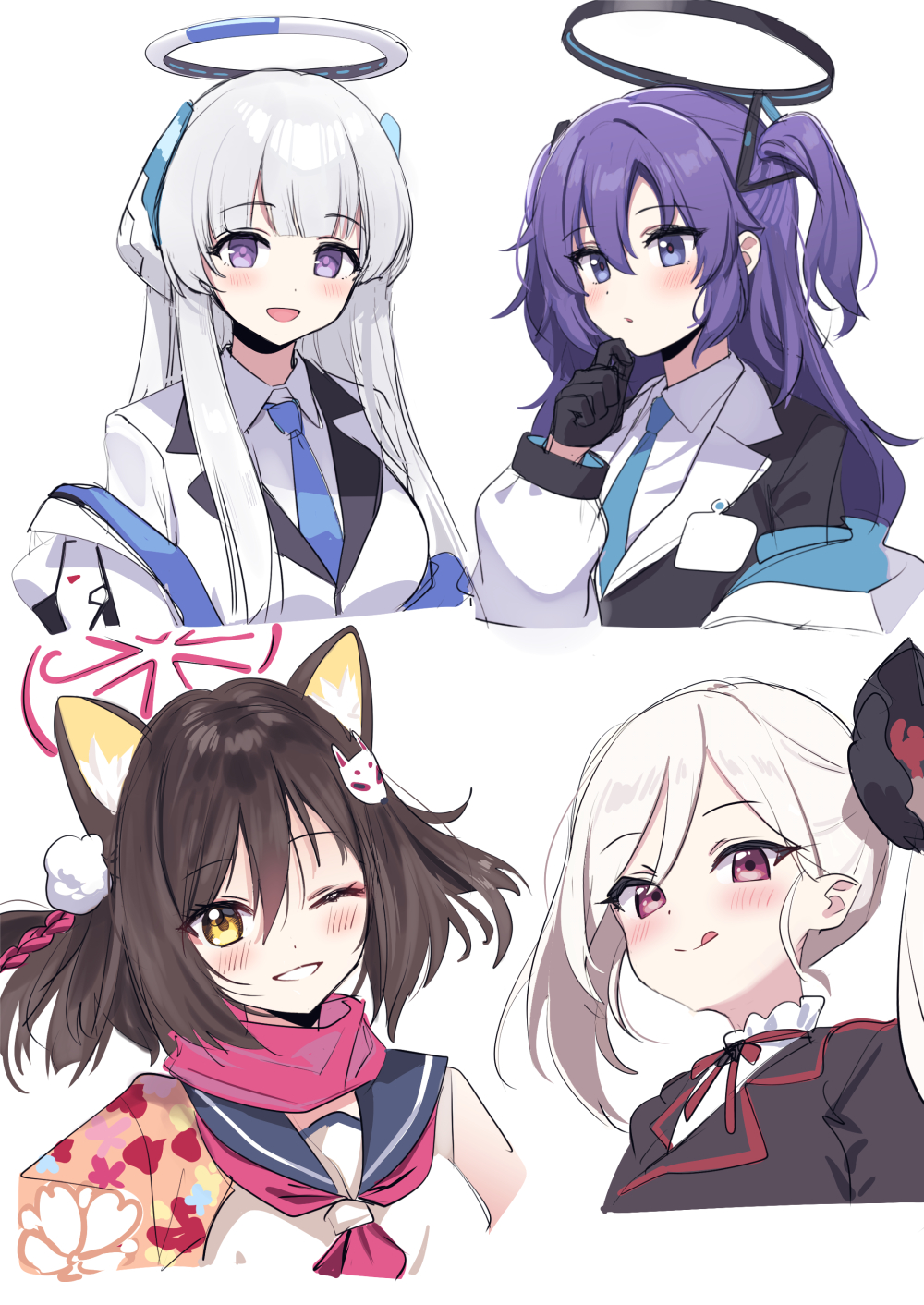 4girls :p animal_ears asymmetrical_hair bangs black_gloves black_suit blue_archive blue_necktie blue_sailor_collar blunt_bangs blush brown_hair collared_shirt cropped_torso deadnooodles duplicate formal fox_ears fox_hair_ornament gloves hair_ornament halo headset highres izuna_(blue_archive) jacket jacket_partially_removed long_hair medium_hair multiple_girls mutsuki_(blue_archive) neck_ribbon neckerchief necktie noa_(blue_archive) off_shoulder one_eye_closed parted_lips pink_eyes pink_neckerchief pink_scarf pixel-perfect_duplicate pom_pom_(clothes) pom_pom_hair_ornament purple_hair red_ribbon ribbon sailor_collar scarf shirt side_ponytail sidelocks simple_background sketch suit swept_bangs tongue tongue_out two_side_up violet_eyes white_background white_hair white_suit yellow_eyes yuuka_(blue_archive)