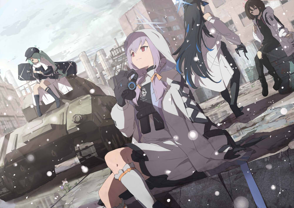 4girls aqua_hair atsuko_(blue_archive) baseball_cap black_hair blue_archive cityscape closed_mouth commentary_request denim dutch_angle gas_mask ground_vehicle halo hat hiyori_(blue_archive) holding holding_mask hood hoodie jacket jeans long_hair looking_at_another mask medium_hair military military_vehicle misaki_(blue_archive) momiji_oroshi motor_vehicle multiple_girls outdoors overcast pants purple_hair red_eyes ruins saori_(blue_archive) short_hair sitting snow snowing socks standing tank very_long_hair white_hoodie white_jacket white_socks