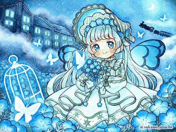 1girl artist_name bangs birdcage blue_flower blue_hair blue_sky blue_theme blue_wings blush bonnet bouquet bow bug building butterfly butterfly_hat_ornament butterfly_wings cage closed_mouth crescent_moon dress flower frilled_dress frilled_headwear frills grey_bow grey_ribbon ground_vehicle hat hat_flower hat_ornament hexagram holding holding_bouquet light_blue_hair lolita_fashion long_dress long_hair long_sleeves looking_at_viewer moon night night_sky original painting_(medium) puffy_long_sleeves puffy_sleeves romaji_text sakano_machi signature sky smile solo star_(symbol) star_print traditional_media train twitter_username watercolor_(medium) white_dress wings