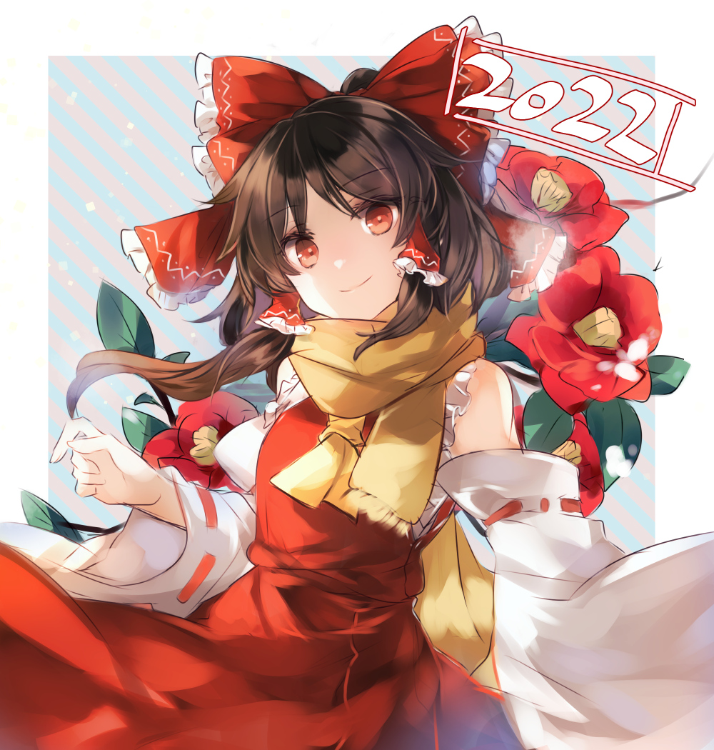 1girl 2022 ascot bare_shoulders bow brown_hair closed_mouth detached_sleeves flower hair_bow hair_tubes hakurei_reimu japanese_clothes kutsuki_kai long_hair nontraditional_miko red_bow red_eyes red_flower red_skirt ribbon-trimmed_sleeves ribbon_trim scarf sidelocks skirt smile solo touhou wide_sleeves yellow_ascot yellow_scarf