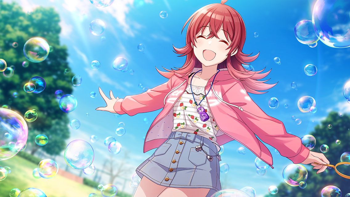 closed_eyes dress idolmaster idolmaster_shiny_colors komiya_kaho long_hair redhead smile