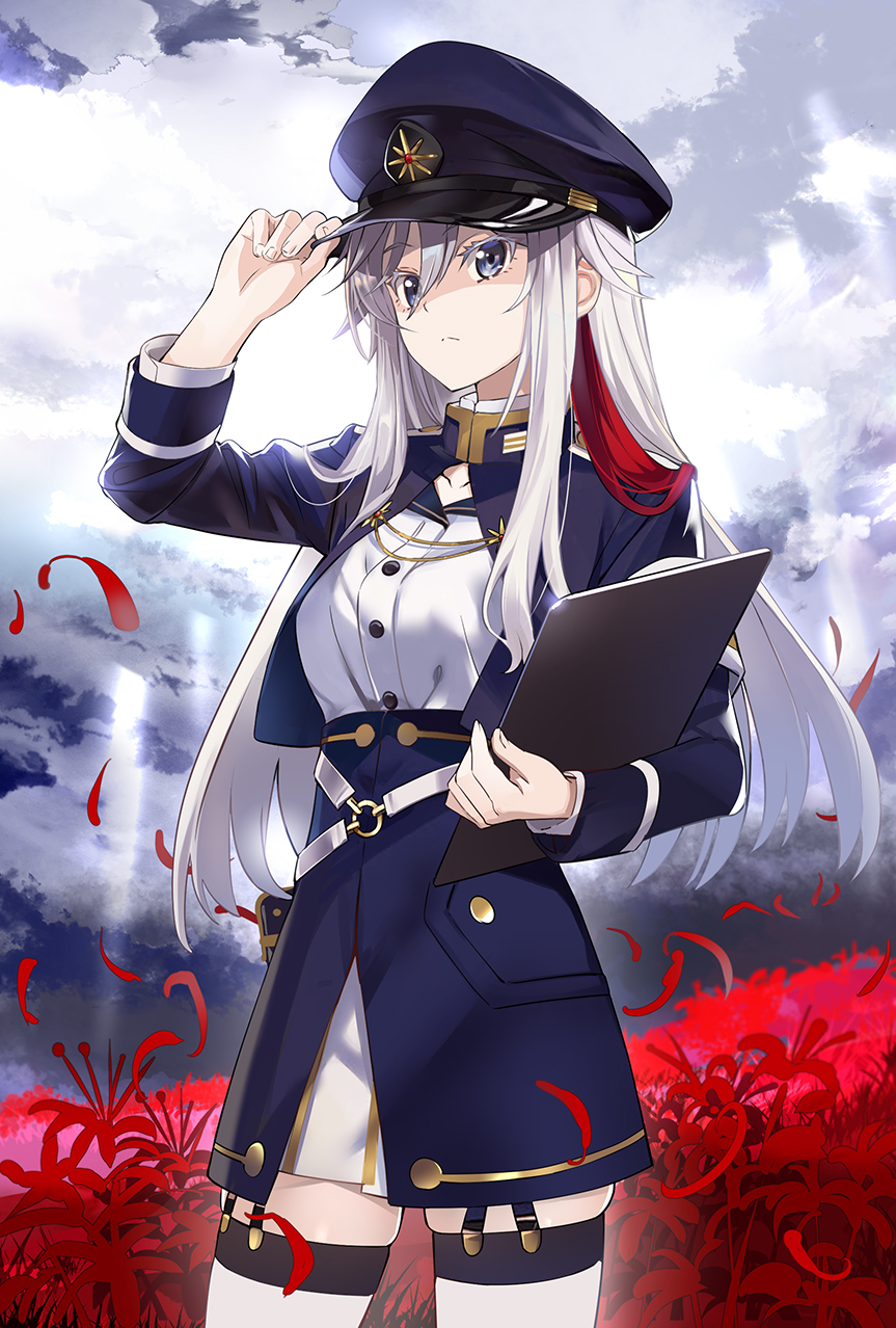 1girl 86_-eightysix- bangs blue_headwear blue_jacket blue_skirt clipboard closed_mouth clouds cloudy_sky cowboy_shot cropped_jacket day field flower flower_field garter_straps glowing gold_trim grey_eyes grey_sky hair_over_shoulder hat high-waist_skirt highres holding holding_clipboard holding_clothes holding_hat jacket long_hair long_sleeves looking_at_viewer military military_hat military_uniform nyoro_(nyoronyoro000) outdoors pleated_skirt red_flower shirt sidelocks skirt sky solo standing thighlet uniform vladilena_millize white_hair white_shirt white_skirt