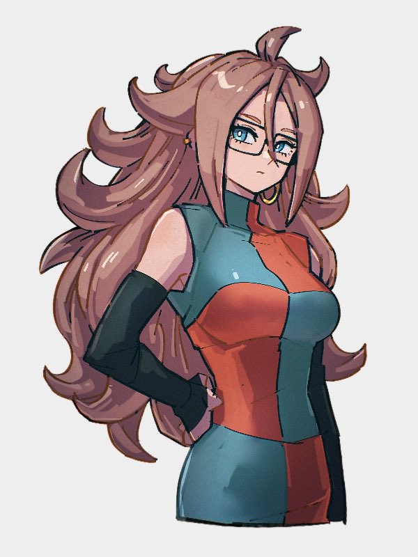 1girl android_21 black-framed_eyewear black_sleeves blue_eyes brown_hair checkered_clothes checkered_dress detached_sleeves dragon_ball dragon_ball_fighterz dress glasses grey_background kemachiku long_hair looking_at_viewer simple_background solo