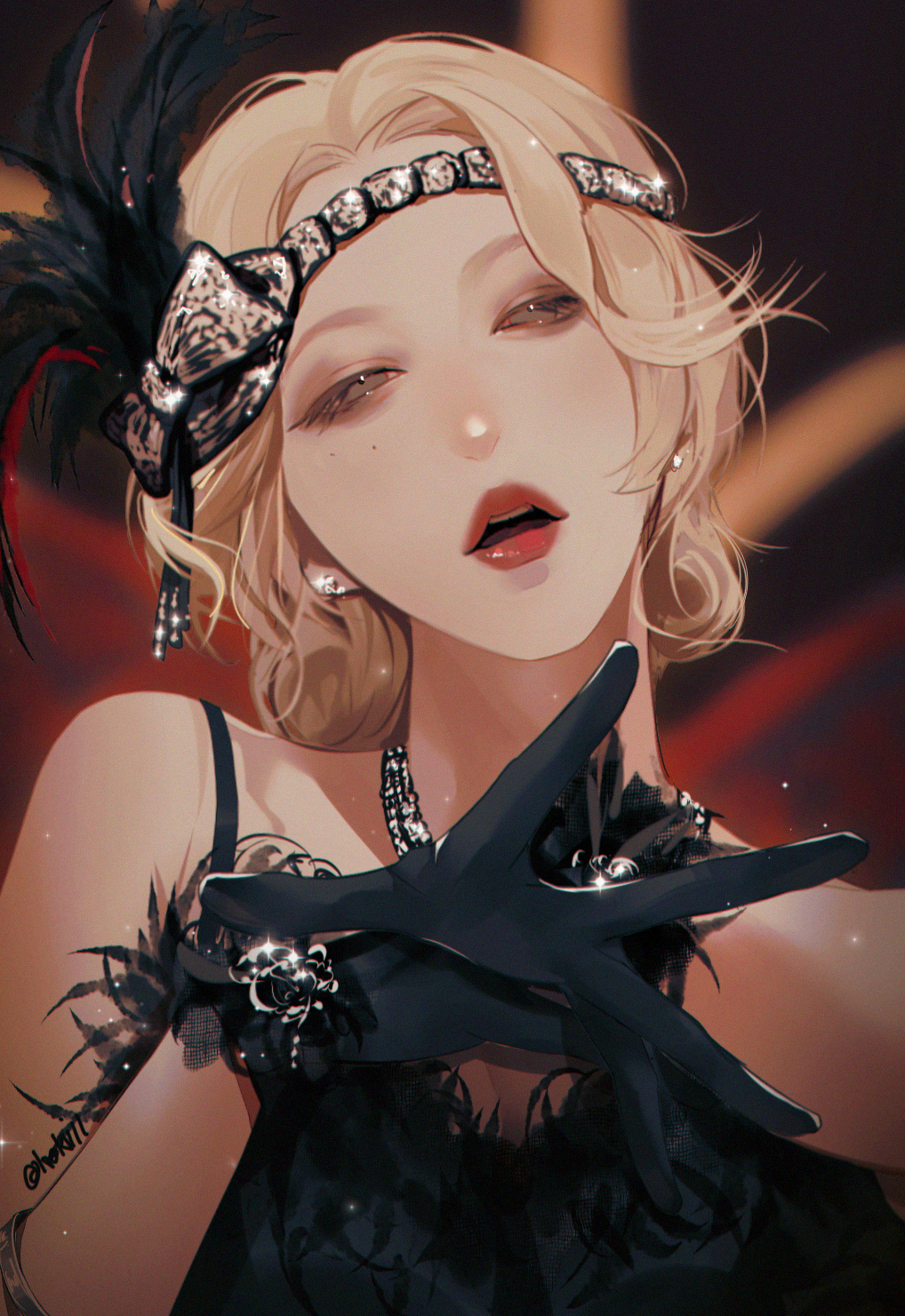 1girl black_camisole black_gloves blonde_hair bow camisole commentary g-i-dle gloves grey_bow grey_eyes hand_on_own_chest head_tilt headband highres hoki11 jewelry k-pop looking_at_viewer mole mole_under_eye necklace open_hand open_mouth parted_hair portrait real_life solo symbol-only_commentary yeh_shuhua