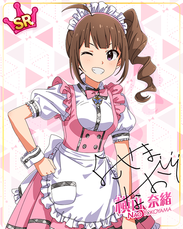 blush brown_hair character_name dress idolmaster_million_live!_theater_days long_hair smile violet_eyes wink yokoyama_nao