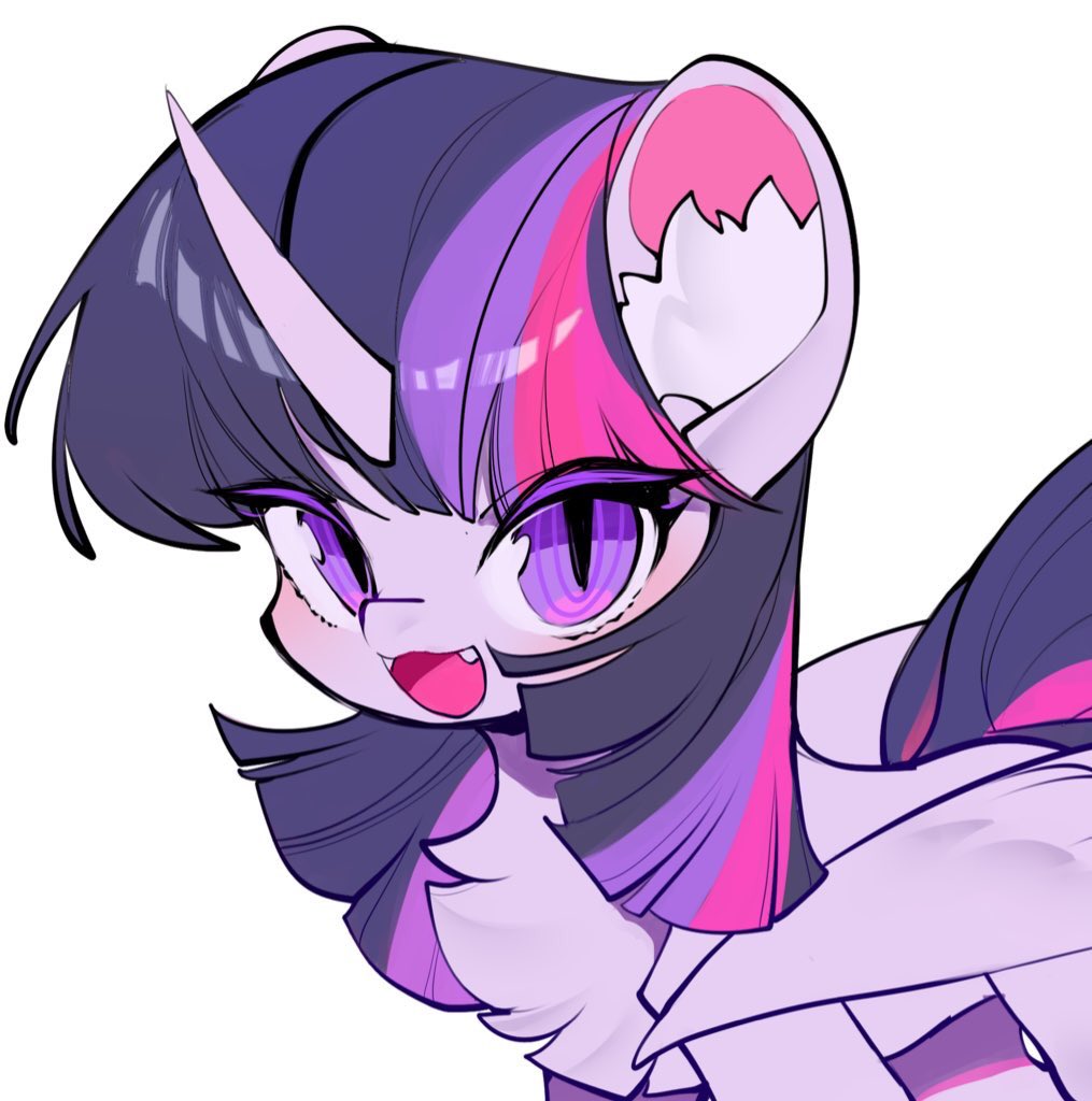 1girl 1other :3 amo animal_ear_fluff bangs blush fang fangs feathered_wings feathers fluffy horns horse looking_at_viewer multicolored_hair my_little_pony my_little_pony_friendship_is_magic no_humans open_mouth pink_hair pony purple_hair simple_background single_horn smile split-color_hair tail twilight_sparkle unicorn upper_body violet_eyes white_background wings