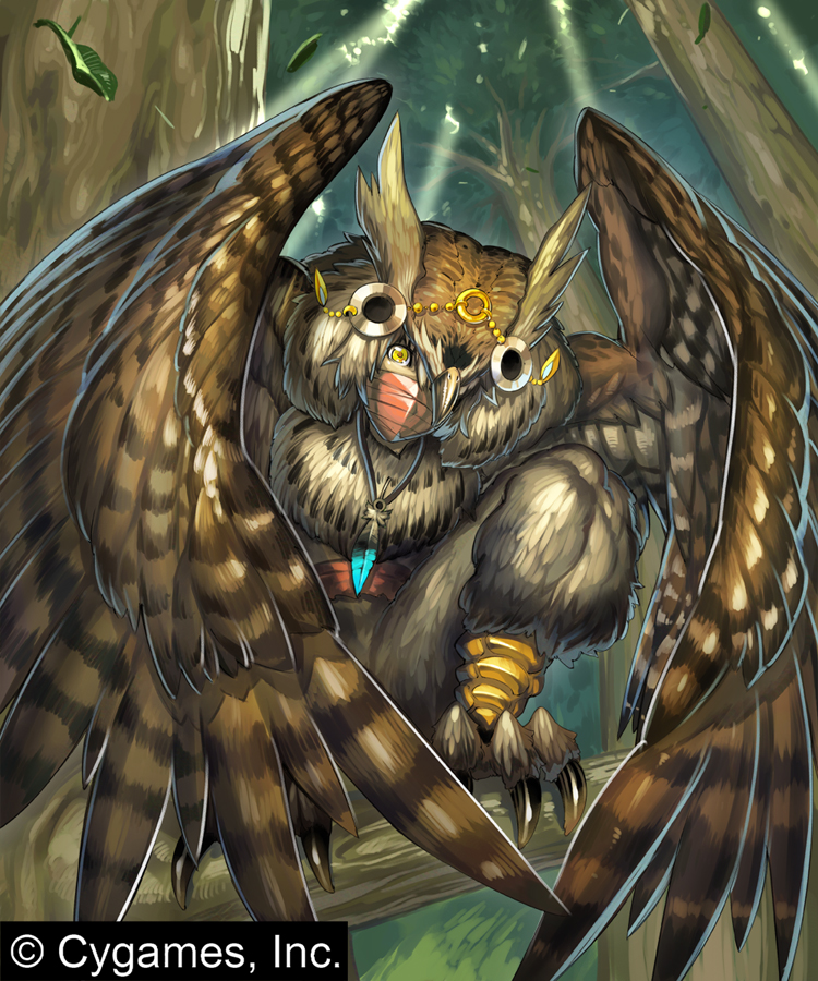 1boy animal_feet bird_legs brown_feathers brown_hair brown_wings claws cygames feather_necklace feathered_wings feathers full_body harpy_boy ishibashi_yosuke jewelry leaf light_rays looking_at_viewer male_focus mask monster_boy neck_fur necklace outdoors owl_boy owl_man_(shadowverse) shadowverse solo squatting sunbeam sunlight talons tree winged_arms wings yellow_eyes