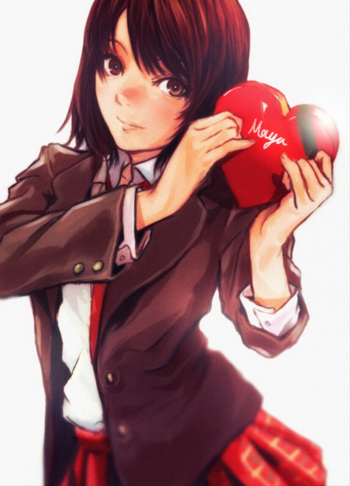 1girl amakura_mayu amakura_mio box brown_eyes brown_hair closed_mouth fatal_frame fatal_frame_2 gauss_&lt;bokashi heart-shaped_box long_hair looking_at_viewer necktie open_collar pleated_skirt red_necktie red_skirt school_uniform simple_background skirt smile solo white_background