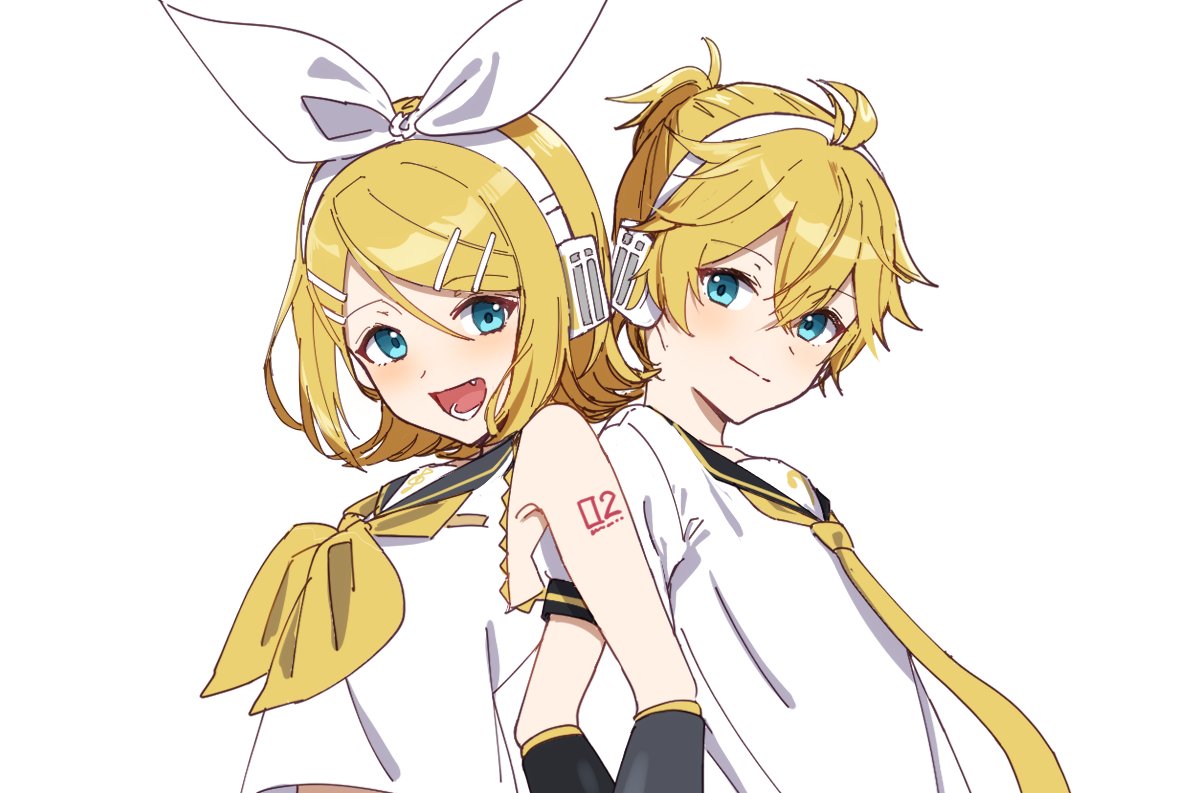 1boy 1girl :d androgynous aqua_eyes arched_back armpits back-to-back bangs bare_shoulders bass_clef black_sailor_collar black_sleeves blonde_hair blue_eyes bow breasts brother_and_sister cel_shading crossed_arms detached_sleeves fang hair_bow hair_ornament hairclip headphones headset jam_(zamuchi) kagamine_len kagamine_rin looking_at_viewer midriff_peek neckerchief necktie number_tattoo open_mouth sailor_collar sailor_shirt shirt short_ponytail short_sleeves shoulder_tattoo siblings sideways_glance skinny sleeveless sleeveless_shirt small_breasts smile swept_bangs tattoo treble_clef twins upper_body vocaloid white_bow yellow_neckerchief yellow_necktie