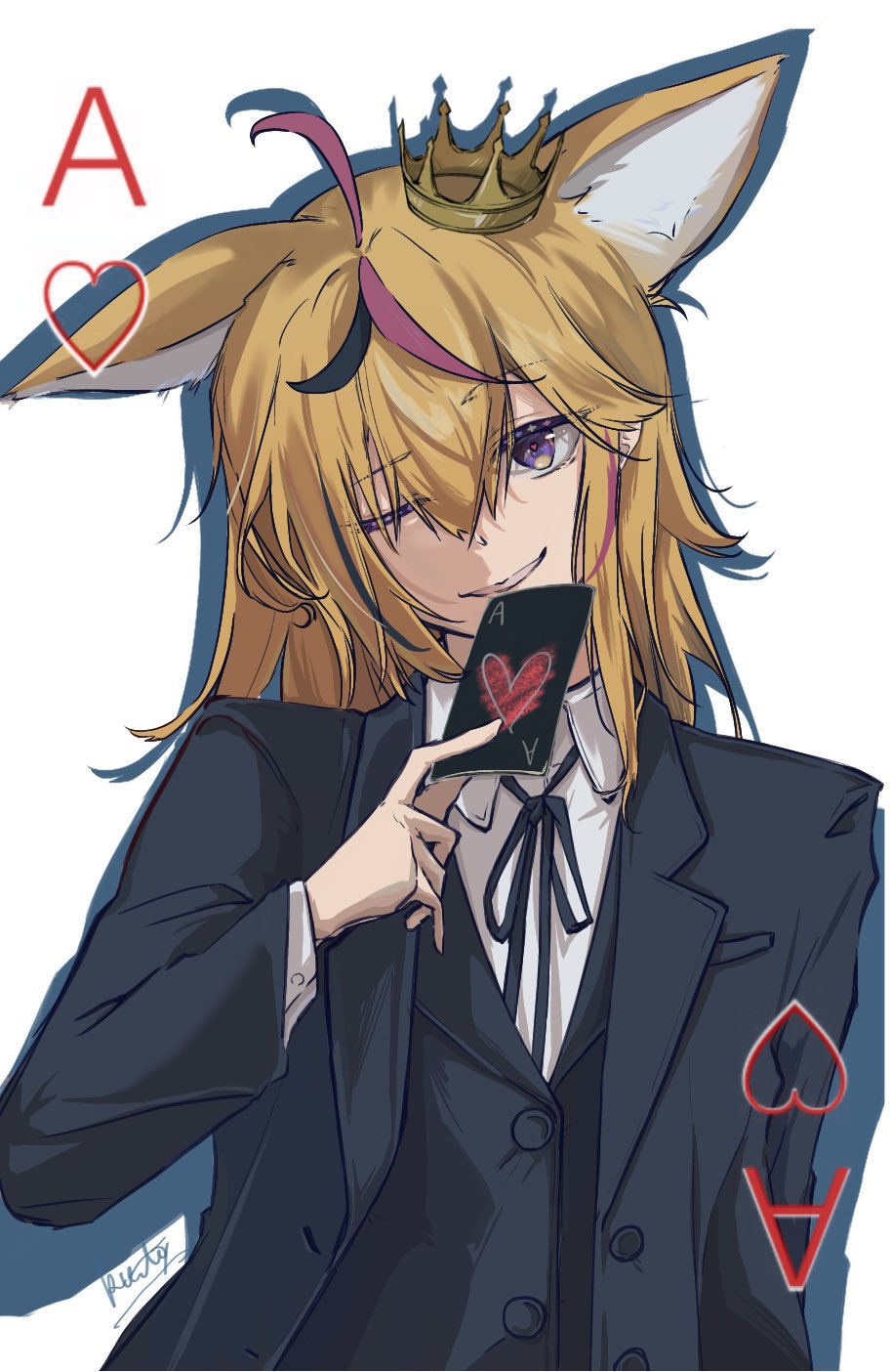 1girl ;) ace_of_hearts animal_ears bangs black_card blonde_hair bolo_tie buttons card commentary crown dress_shirt eyelash_ornament fox_ears fox_girl gradient_eyes hair_between_eyes heart heart-shaped_pupils highres holding holding_card hololive jacket k_to_31 long_sleeves looking_at_viewer medium_hair mini_crown multicolored_eyes multicolored_hair omaru_polka one_eye_closed open_clothes open_jacket playing_card playing_card_theme shirt sidelocks signature silhouette simple_background smile smirk solo streaked_hair suit_jacket symbol-shaped_pupils tilted_headwear upper_body violet_eyes virtual_youtuber waistcoat white_background