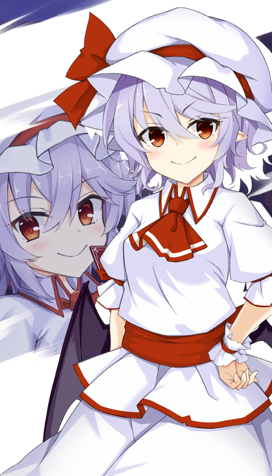 1girl akisome_hatsuka ascot bangs bat_wings closed_mouth collared_shirt commentary_request hands_on_hips hat looking_at_viewer mob_cap multiple_views purple_hair red_ascot red_eyes remilia_scarlet shirt short_hair short_sleeves simple_background smile touhou white_background white_headwear wings wrist_cuffs