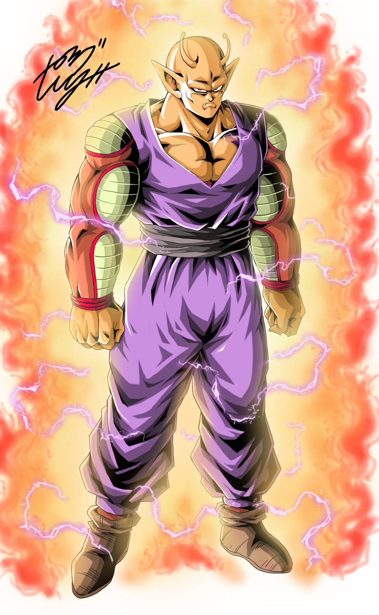 1boy antennae aura cheekbones colored_skin commentary dragon_ball dragon_ball_super dragon_ball_super_super_hero electricity frown full_body highres male_focus muscular muscular_male orange_piccolo orange_skin piccolo pointy_ears red_eyes signature solo youngjijii
